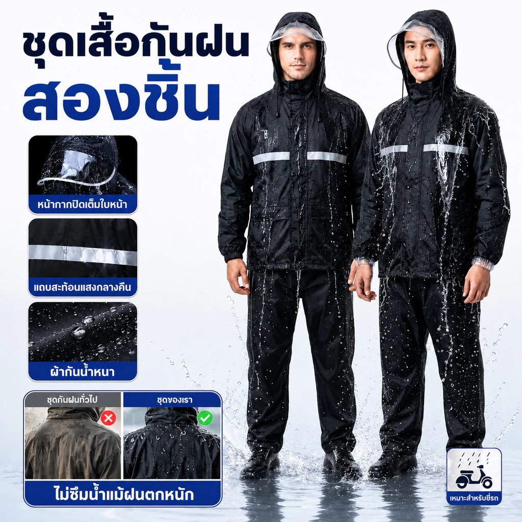 ชุดกันฝนผู้ใหญ่ เสื้อ + กางเกง มีแถบสะท้อนแสง