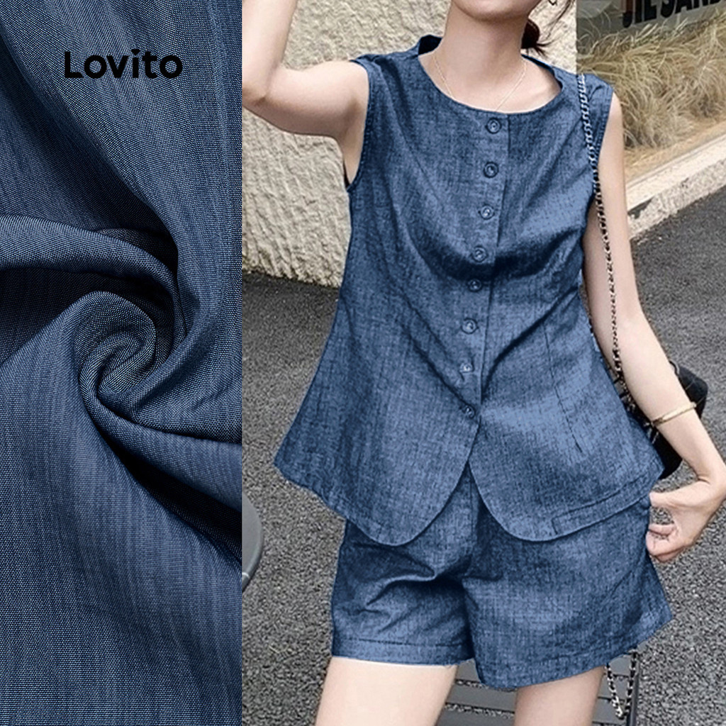 Lovito เสื้อหรือกางเกงลำลองButtonฤดูใบไม้ผลิ/ฤดูร้อนเสื้อสีน้ำเงินเข้ม LBL30111