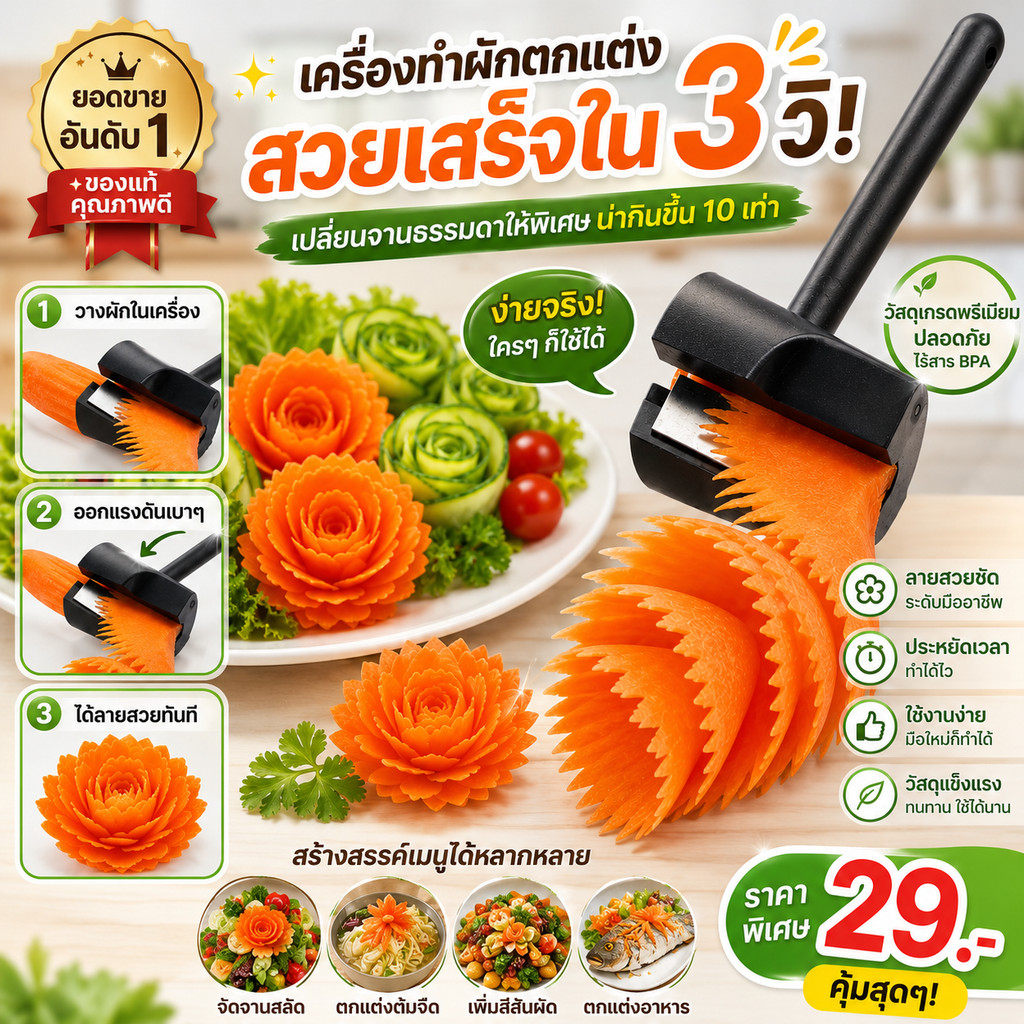 มีดสไลซ์แครอทลายดอกไม้ ที่ม้วนผักแต่งอาหาร ใช้กับแครอท แตงกวา หัวไชเท้า