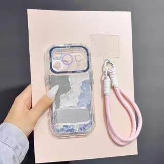 เคสไอโฟน ป้องกันเลนส์ ลายภาพวาดสีน้ำมันดอกไม้สีฟ้า มีขาตั้ง แถมสายคล้องชมพู iPhone11 13 15 17ProMax พร้อมส่งJHJMNYK83