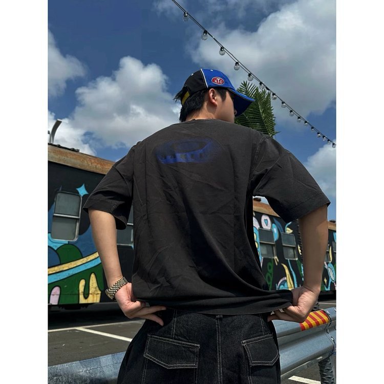 3GSU Blue tone American Retro Oak Blue Letter Classic Logo Washed and Worn round Neck Short Sleeve T