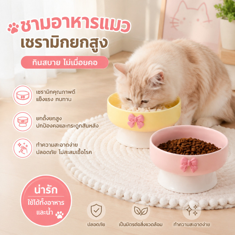 ชามแมวทรงสูงเซรามิก ชามเมล็ดพืช ชามน้ำป้องกันคอ คางไม่ดำ ความจุขนาดใหญ่ ป้องกันการล้ม