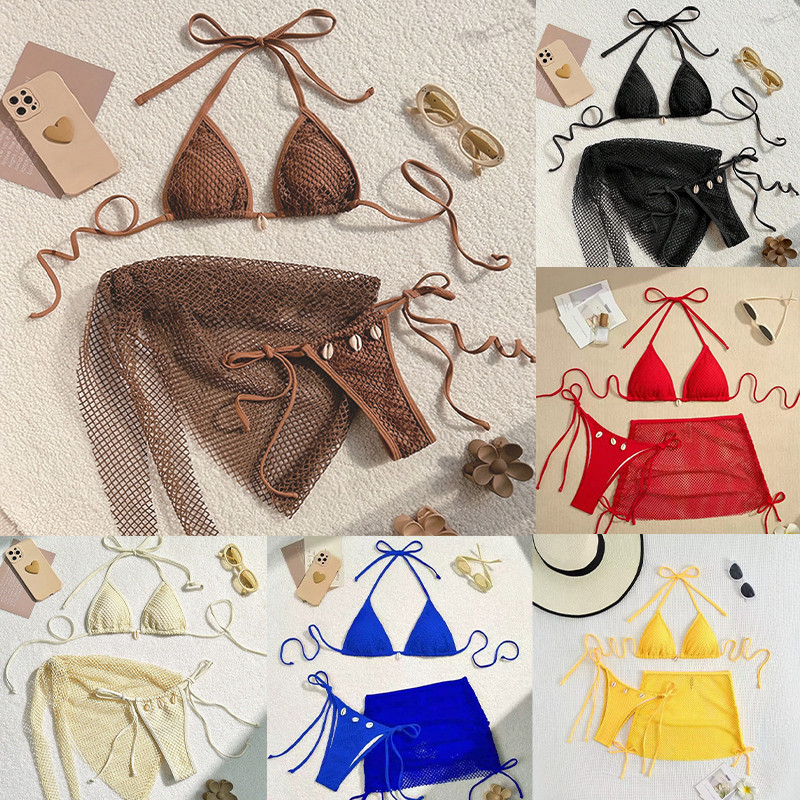 ชุดว่ายน้ำ bikini บิกินี่ 3 ชิ้น sexy ผูกคอ ตกแต่งด้วยเปลือกหอย ชุดว่ายน้ำแฟชั่น มีฟองน้ำ