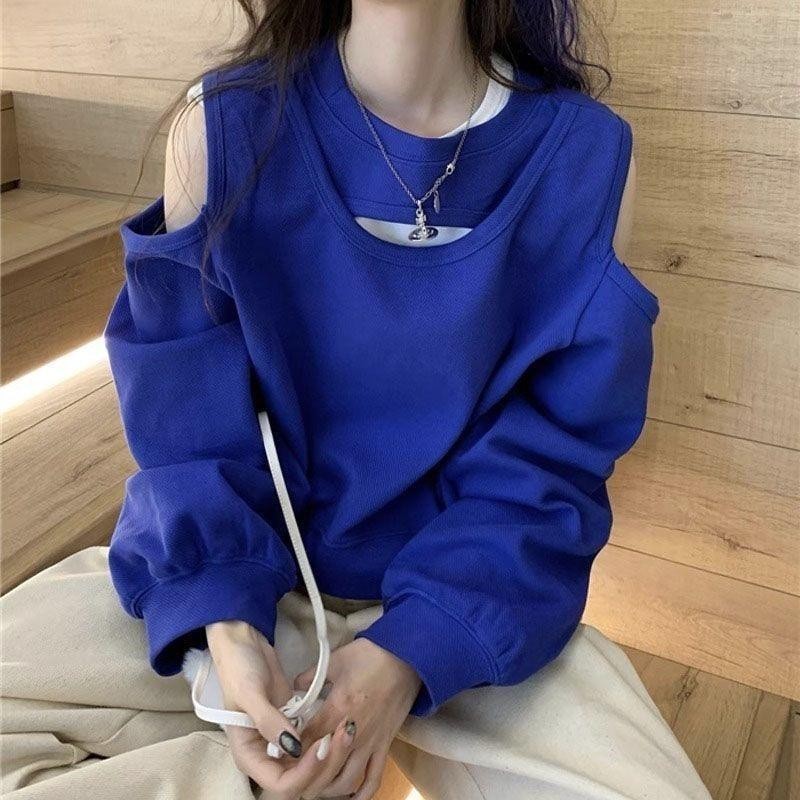 เสื้อสเวตเตอร์ดีไซน์ปิดไหล่ใหม่สำหรับผู้หญิง ฤดูใบไม้ผลิและฤดูใบไม้ร่วง คัตเอาท์ ความรู้สึกหลวม ช่อง แขนยาว สั้น สาวฮอต