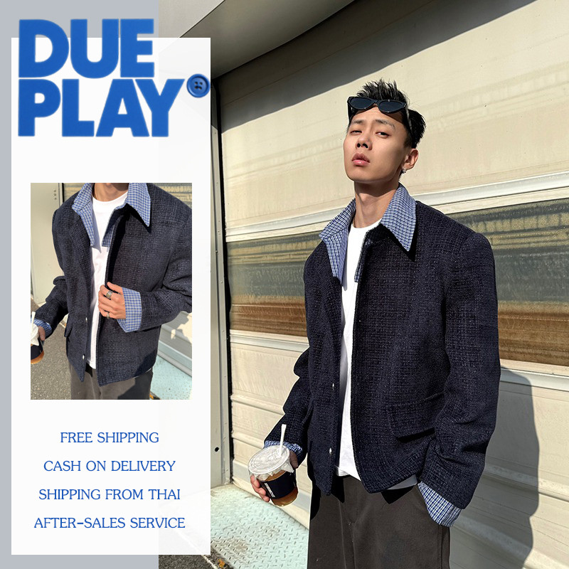 Dueplay แจ็คเก็ตสำหรับผู้ชาย แบบสองชิ้นประกบปก สไตล์ลำลองสั้น อเมริกัน สูง ถนน หลวมแจ็คเก็ตผู้ชายและผู้หญิงฤดูใบไม้ร่วงและฤดูหนาวปลอมสองชิ้นหล่อลายสก๊อตปกเสื้อ
