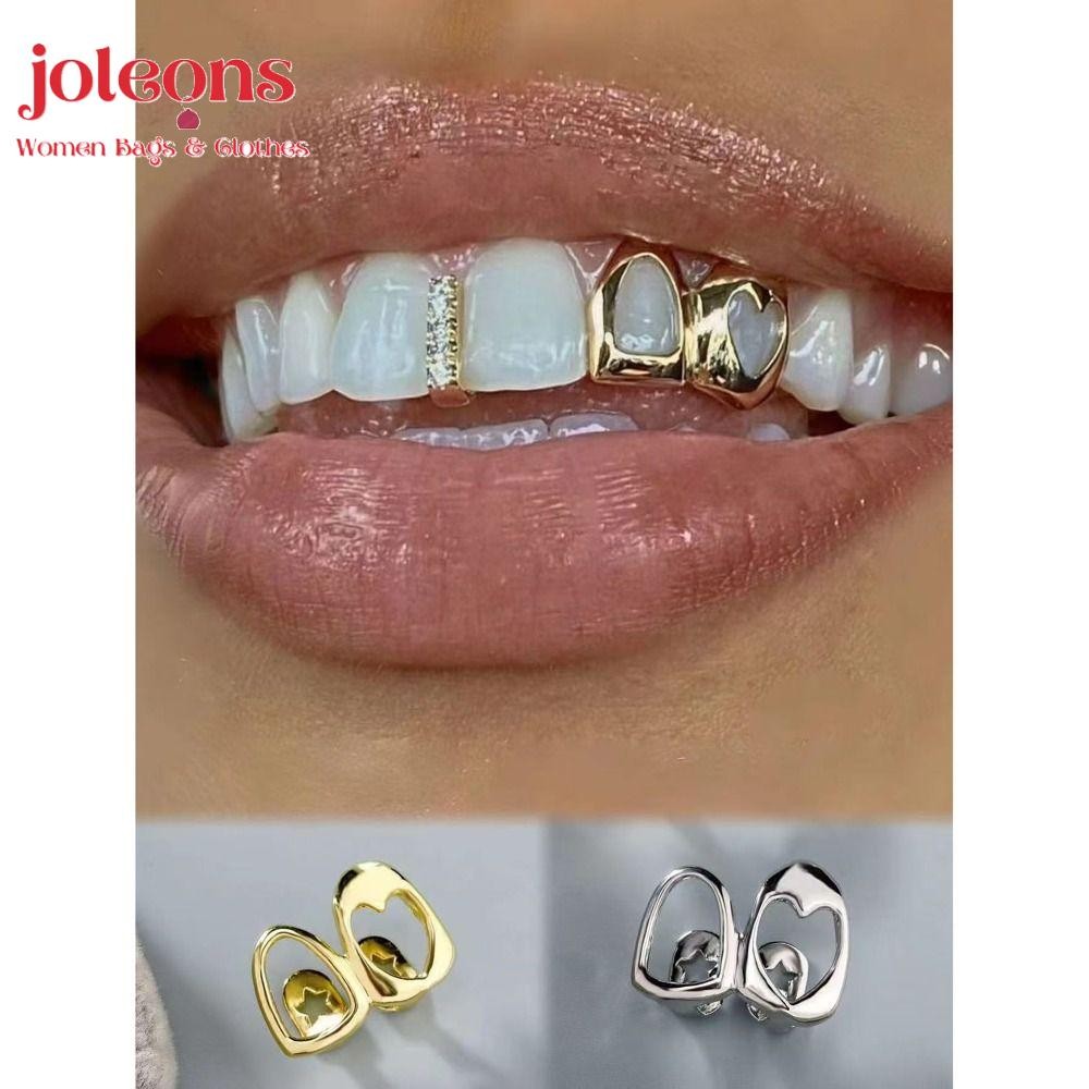 JOLEONS Hip Hop Tooth Grillz, ทองแดงสีทอง Grillz, เงาเพทาย Hollow Heart Double Heart ฟันหมวกฟันเครื่