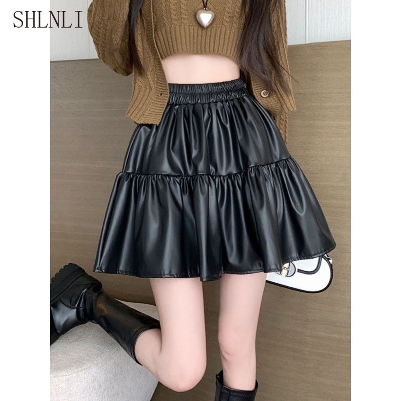 เอียวนุ่มยืดสีกาแฟสำหรับผู้หญิง กระโปรงสั้นPUหนังทรงA-line พรางงานปัก สำหรับฤดูหนาวและใบไม้ร่วง - รูปที่ 4