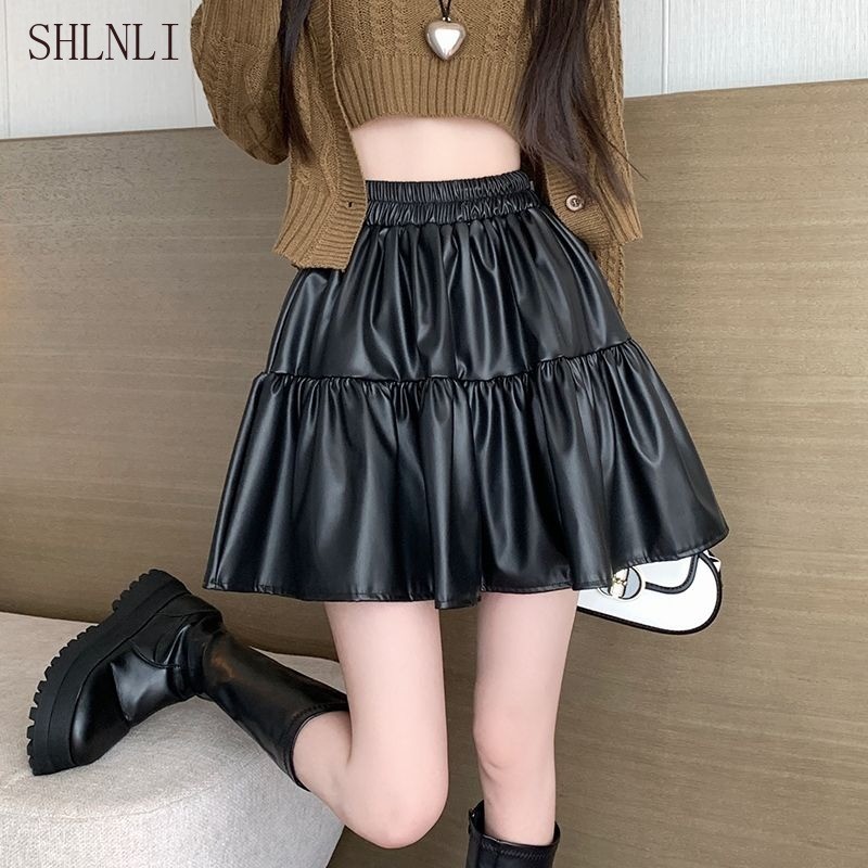 เอียวนุ่มยืดสีกาแฟสำหรับผู้หญิง กระโปรงสั้นPUหนังทรงA-line พรางงานปัก สำหรับฤดูหนาวและใบไม้ร่วง - รูปที่ 5