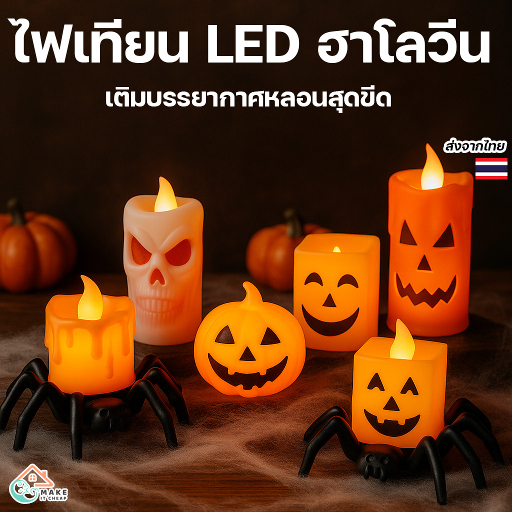 ไฟเทียน Halloween LED ฮาโลวีน มือโครงกระดูก แมงมุม สไตล์หลอน แต่งบ้านผีสิง ปาร์ตี้ธีมผี
