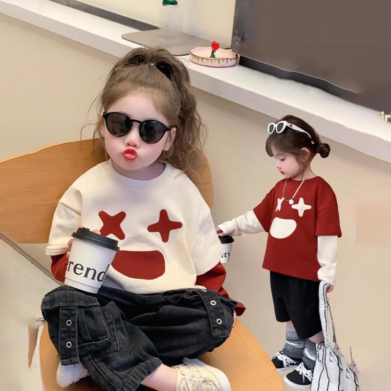 MooDeng Baby เสื้อกันหนาว ลายหน้ายิ้ม สีแดง สีขาว แขนยาว คอกลม เสื้อสวมหัว อ่อนนุ่ม สำหรับเด็กผู้หญิง ไซต์ 90-150เซน