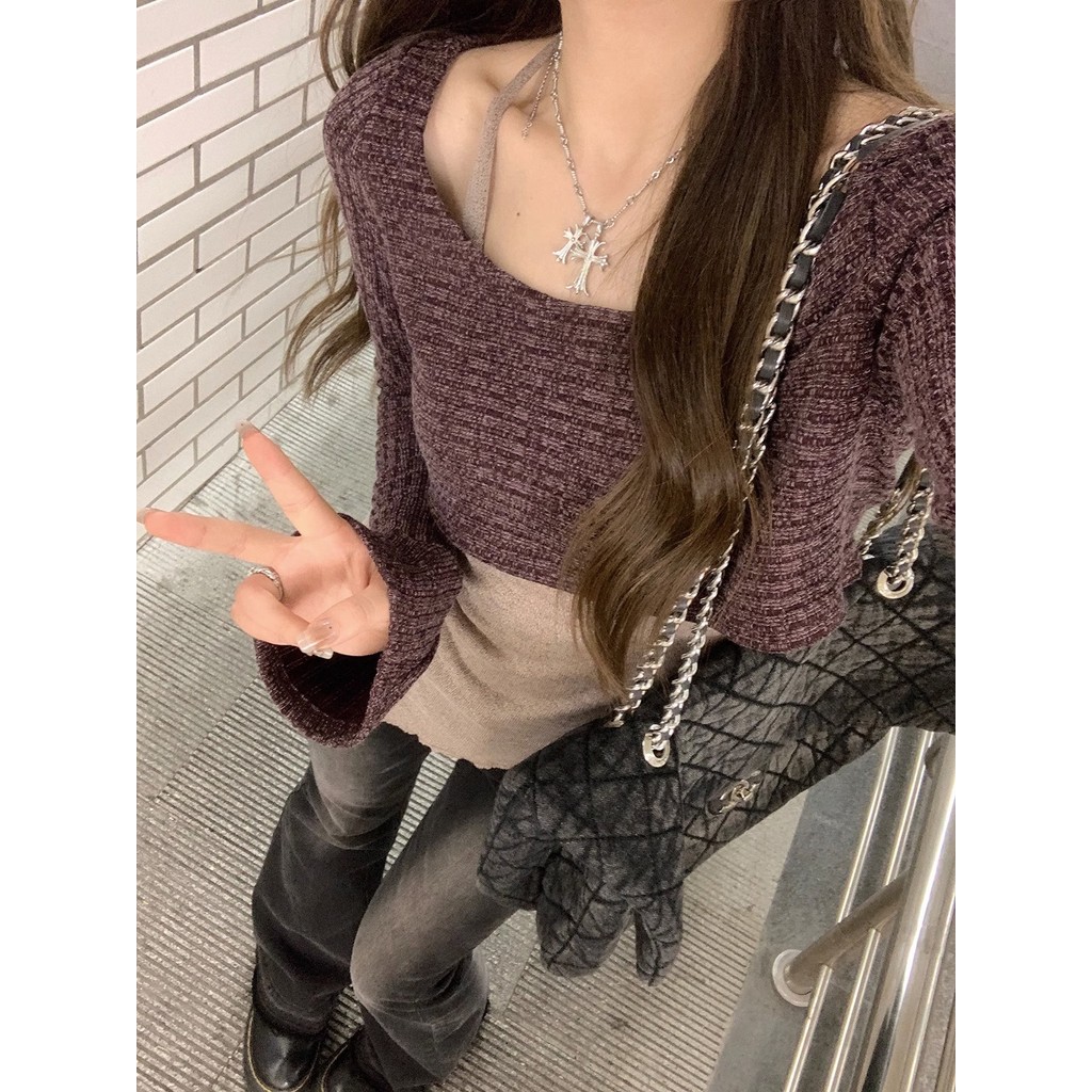 Prodigal Xiaoxie studio ต้นฤดูใบไม้ร่วงการออกแบบสาวร้อน Sense Contrast สีออกแบบไม่สม่ําเสมอชุดสองชิ้