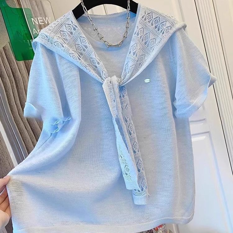 XUWEN2509 Seckill ขนาดใหญ่ขนาดไขมันมม.ภาษาฝรั่งเศสคําโครเชต์ลูกไม้ผ้าคลุมไหล่แขนสั้นเสื้อยืดผู้หญิงฤ