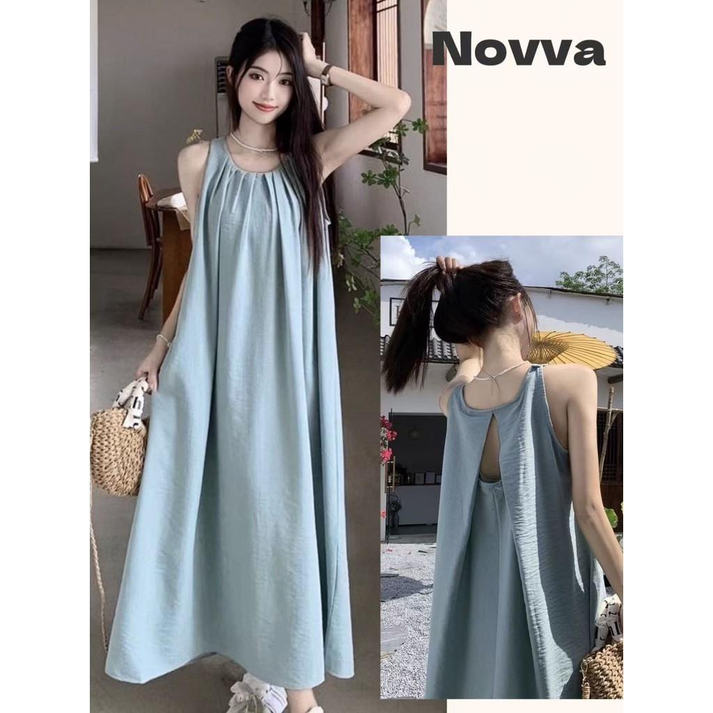 Novva ส่งไวจาก ชุดเดรสยาว เดรสทรงหลวม สไตล์ลำลอง ชุดเที่ยวทะเล เดรสคอกลม เดรสแขนกุด เนื้อผ้าใส่สบาย