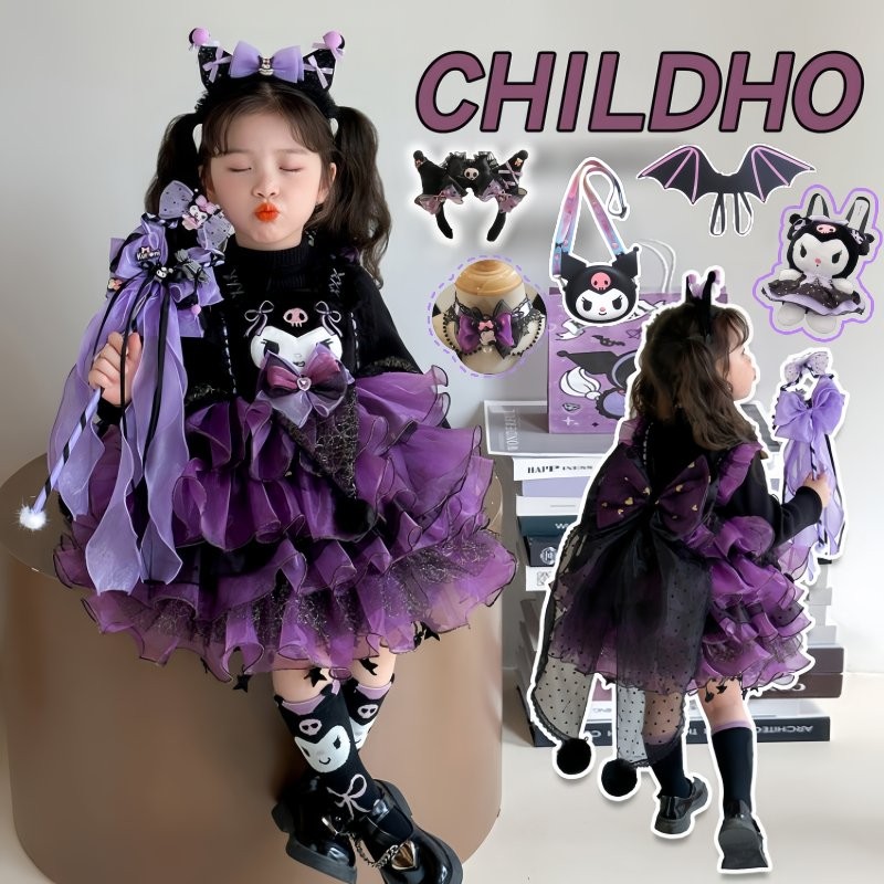 Kuromi Gothic Lolita Outfit for Girls Black Purple Puff Dress + Bat Wings Headpiece + Bag Birthday