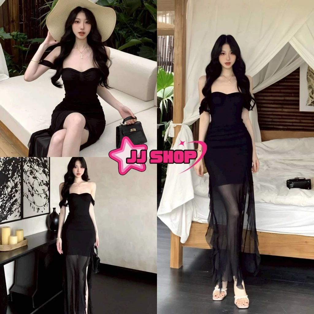 JJ shop💜 พร้อมส่ง ชุดเดรสเปิดไหล่ กระโปรงยาว สีดำเรียบหรูดูแพงมากแม่คาวาอี้มาก "FY2941"