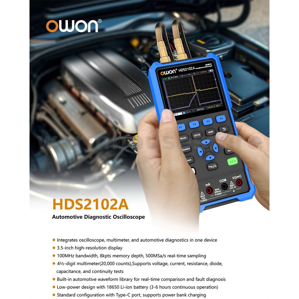 OWON HDS2102A วินิจฉัยยานยนต์ Oscilloscope 100MHz Bandwidth 500MSa/s Sampling Rate 2 ช่องมัลติมิเตอร