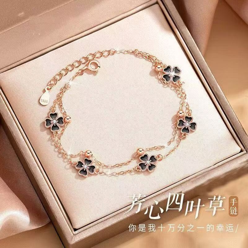999 ฟุตเงิน lucky four-leaf clover double-laye 999 เงินสดกีฬาใบหญ้าสร้อยข้อมือผู้หญิงRoseอเนกประสงค์