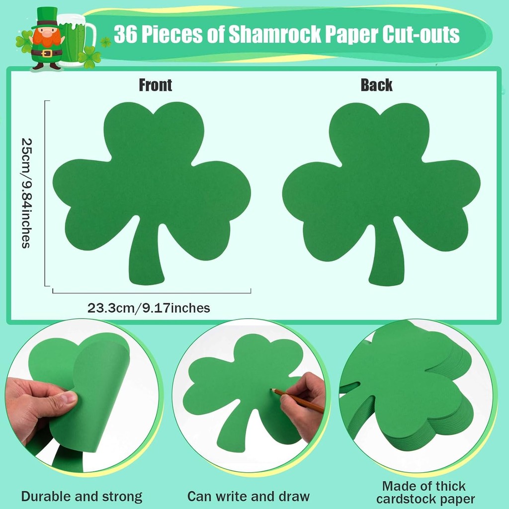 MixTeach 36 ชิ้น ใหญ่ St. Patricks Day Shamrocks Cutouts 9.8 x 9.2 Paper Shamrock Clover Cut-Outs Gr