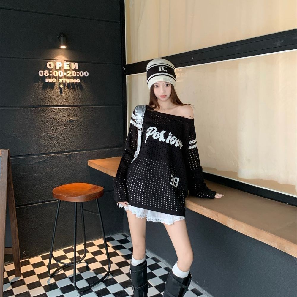 เสื้อถักแขนยาวไหล่เฉียง สไตล์อเมริกันทันสมัย สำหรับฤดูใบไม้ร่วง - รูปที่ 6