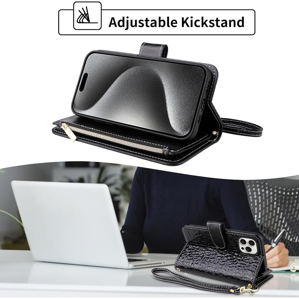 กระเป๋าสตางค์สําหรับiPhone 16 Pro Max 6.9 นิ้วและกระเป๋าซิปพลิกสายรัดข้อมือสายคล้องไหล่,จีบรูปแบบPUห