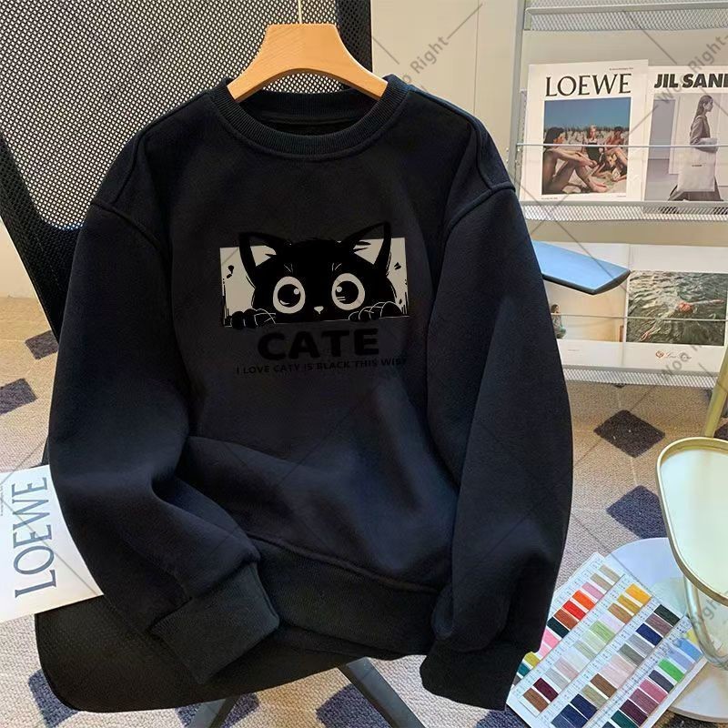(จัดส่งตลอด 24 ชั่วโมง)Woo Right 2025 เสื้อสเวตเตอร์ใหม่เสื้อยืดคอกลม "สีดำ CATE" พิมพ์เสื้อกันหนาวห
