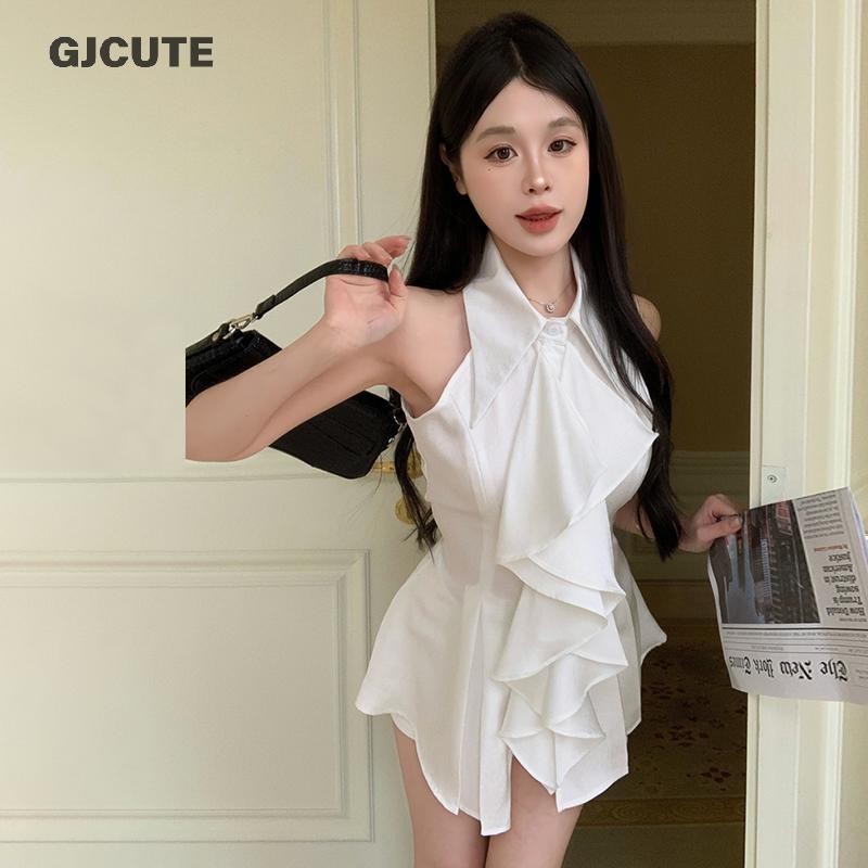 GJCUTE 2025 ฤดูร้อนใหม่เสื้อยืดแขนกุดผู้หญิงสีทึบ Ruffle Tops หญิงเกาหลี Elegant Slim Fit ชุดบาง WTD