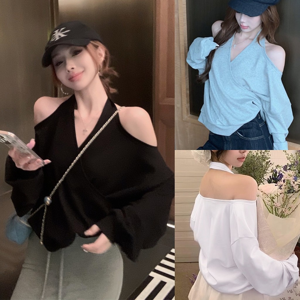 เสื้อแขนยาวคล้องคอแต่งโชว์หลัง งานผ้าคอตตอนหนานุ่มนิ่ม สไตล์​เกาหลี ทรงสวยแมทซ์ลุคง่าย แฟชั่นสาวแซ่บน่ารัก