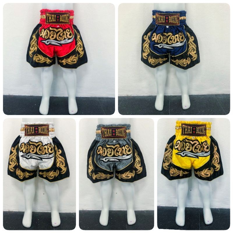 💥มีส่งด่วน💥กางเกงมวย กางเกงมวยไทย ของเด็ก ผ้าซาติน ปักอักษรสีทอง (Thai boxing)