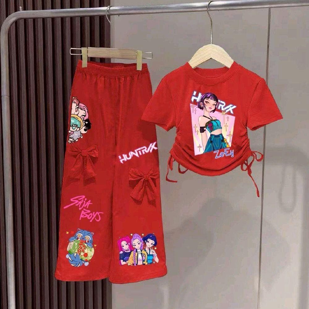 PINKชุดเซ็ทเด็กลายสุดฮิต โซดาป๊อป ลายแน่น คมชัด เสื้อผูกโบว์ข้าง+กางเกงขายาวแต่งโบว์