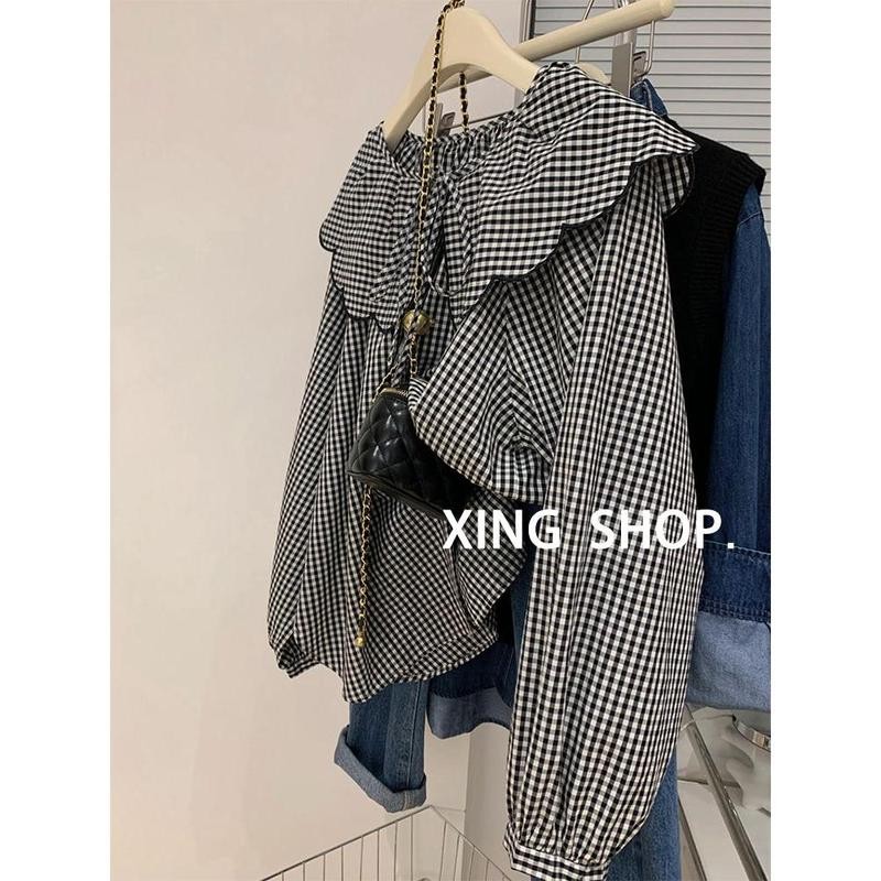 เสื้อเชิ้ตสตรีลายสก๊อตแขนยาว แบบฉบับฝรั่งเศส สไตล์ชนเผ่า สวมใส่ในฤดูใบไม้ผลิและฤดูใบไม้ร่วง