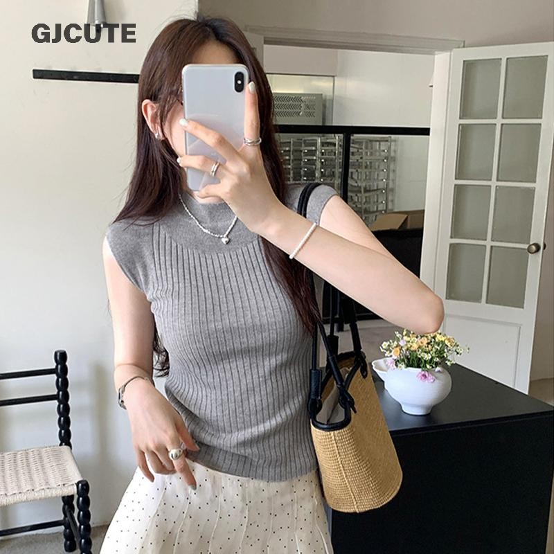 GJCUTE เกาหลีอารมณ์สีทึบครึ่งคอเต่าบินแขน Slim ถักด้านบนสําหรับผู้หญิง WTD