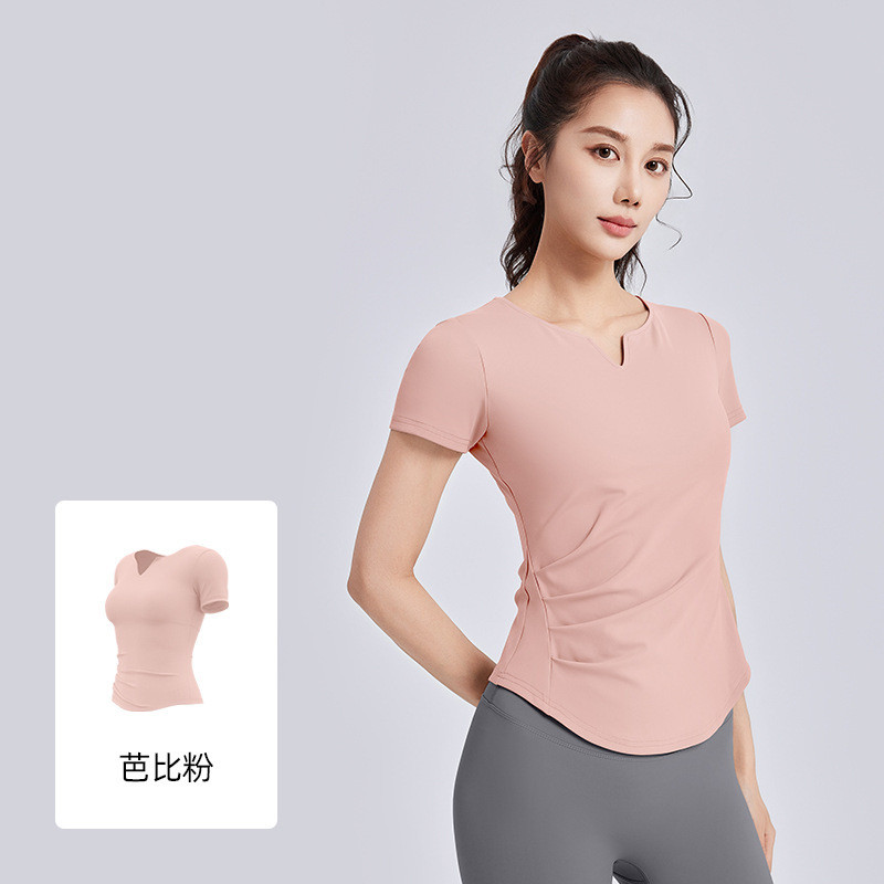 【Ready Stock】 New V-neck Pleated Skinny Yoga Clothes Short Sleeve Shockproof Fixing One-Piece Cup Sl