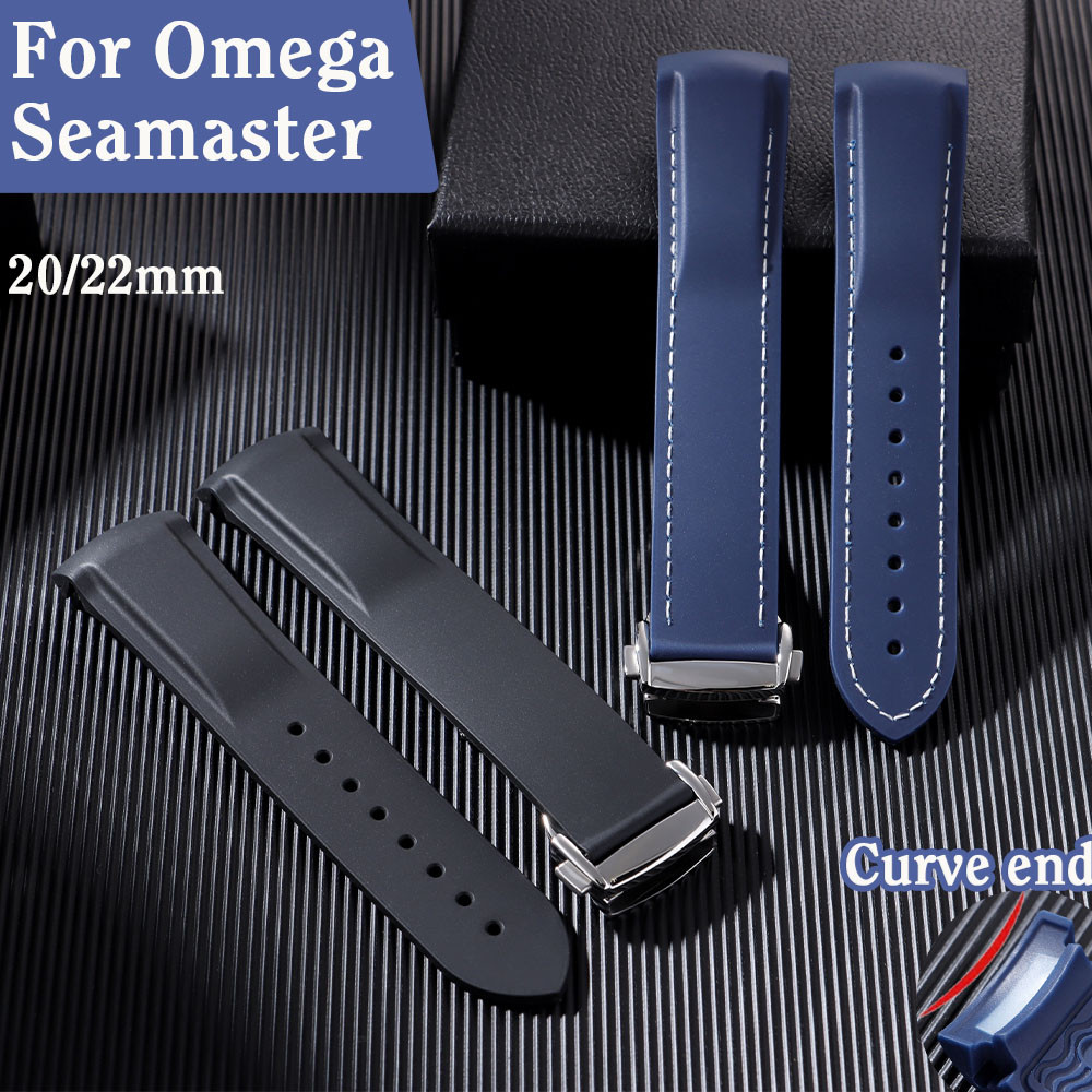 20 มม.22 มม.ปลายโค้งยางซิลิโคนนาฬิกาสําหรับ Omega Seamaster 300 Speedmaster สายนาฬิกายี่ห้อสร้อยข้อมือผู้ชายสายรัดข้อมือสีฟ้าสีดํา