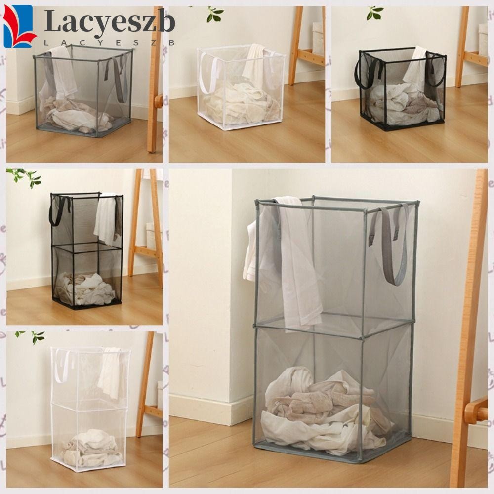 Lacyeszb ถุงซักผ้าพับได้, ตะกร้าซักผ้าตาข่ายสี่เหลี่ยมความจุขนาดใหญ่, ที่เก็บตุ๊กตาเดี่ยว/สองชั้นพร้อมที่จับตะกร้าเก็บเสื้อผ้าสกปรกซักรีด