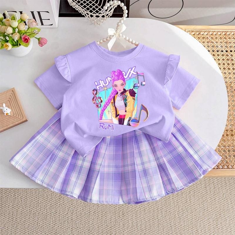 Pinkชุดเซ็ทเด็ก2ชิ้นลายkpop demon hunter ชุดเซ็ทเด็ก2ชิ้น เสื้อแขนปีกนก+กระโปรงอัดพลีท