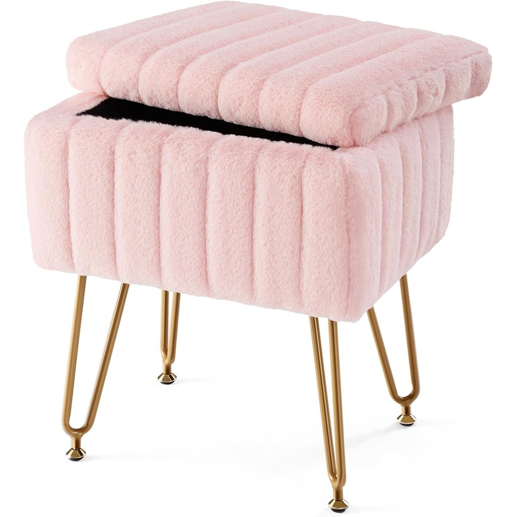Sweetcrispy Vanity Stool Chair with Storage, 18.9”H x 16”L x 12.2”W Ottoman Chair Faux Fur Soft Padd