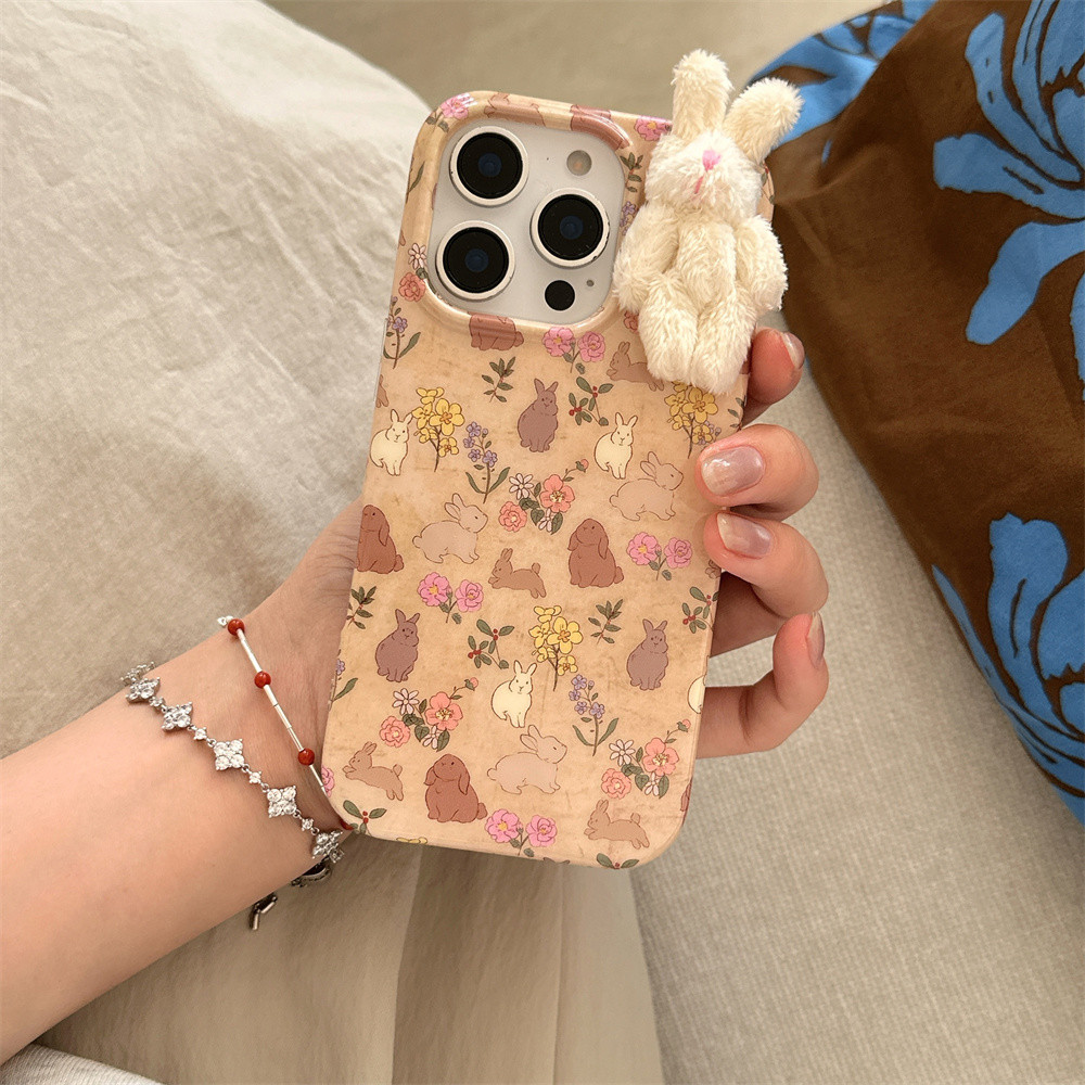 เข้ากันได้กับ iPhone 16 15 14 13 17 Pro Max 15 16 Pro เคสโทรศัพท์ 3D กระต่ายน่ารักตกแต่งดอกไม้ IMD กันกระแทกปกหลัง