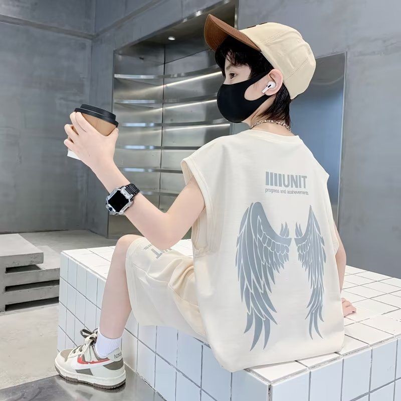 儿童套装夏季气 เกย์และใหญ่童夏装 Rucking หลวมสไตล์เกาหลีกางเกงขาสั้นเอวสูงชุดสูทเด็กฤดูร้อนหล่อเด็กใหญ่ฤดูร้อน