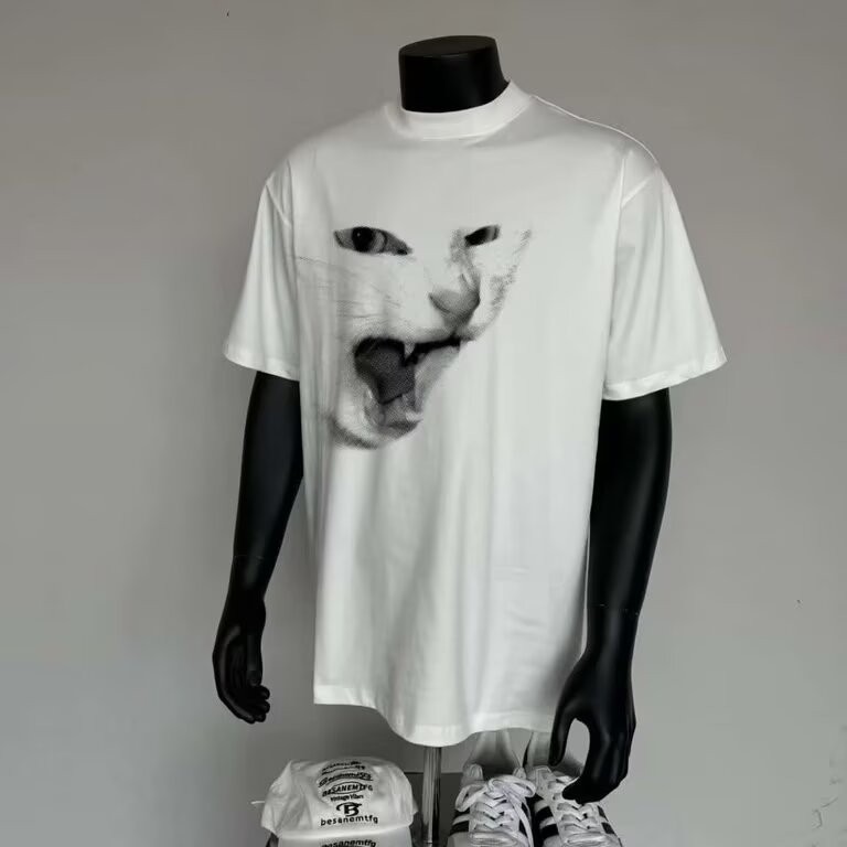 2025 NEW 2025 Men's Short Sleeve Top Trendy Pure Cotton Brand Cat Print Hong Kong Style T-Shirt Unis