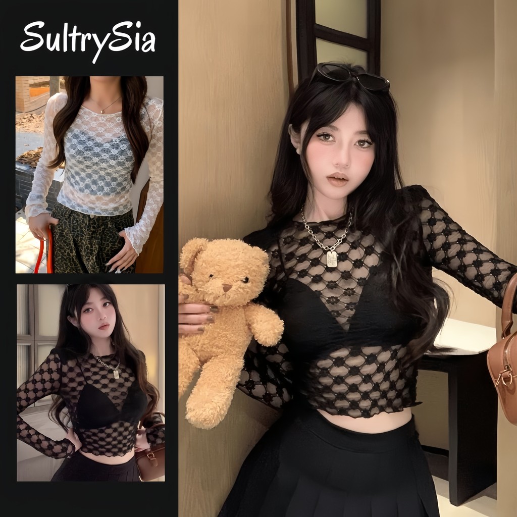 SultrySia เสื้อซีทรูคอกลม แขนยาวทรงกระดิ่ง ผ้าลูกไม้นิ่มยืดเยอะเข้ารูป สไตล์ Y2K เซ็กซี่ แซ่บๆ ผ้าใส่สบาย "U092"