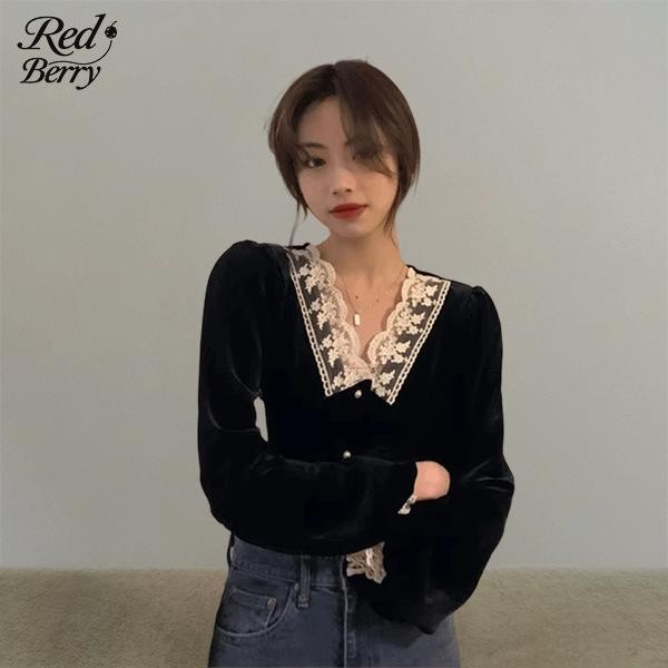 Red Berryเสื้อผู้หญิงฤดูใบไม้ร่วงและฤดูหนาวผ้ากำมะหยี่สีดำต่อลูกไม้คอวีกำมะหยี่สีทองสไตล์เฮปเบิร์นขนาดเล็กหนา99212