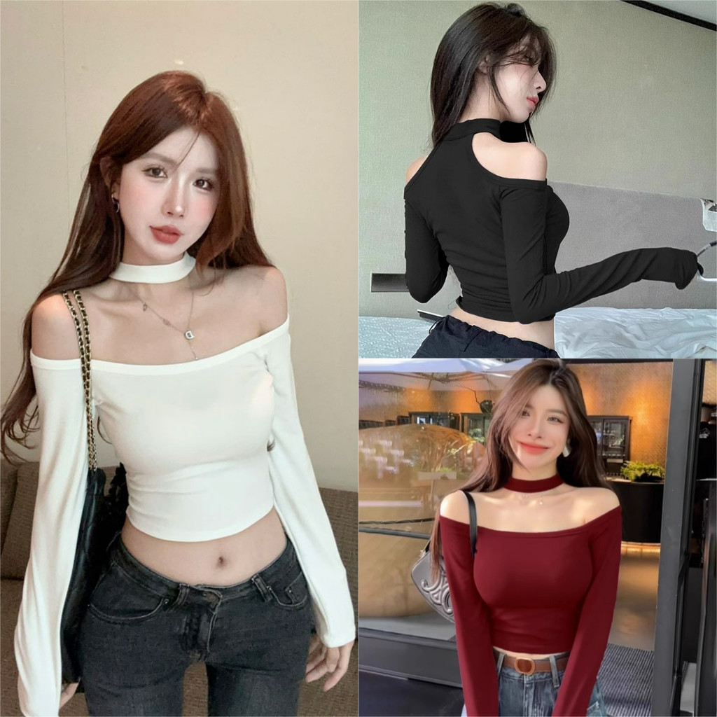 ⭐Soroh⭐เสื้อแขนยาว สีพื้น ปาดไหล่ เข้ารูป ผ้านุ่มนิ่ม ยืดพอดีตัว เสื้อครอป สไตล์เกาหลี แฟชั่น#FY0833