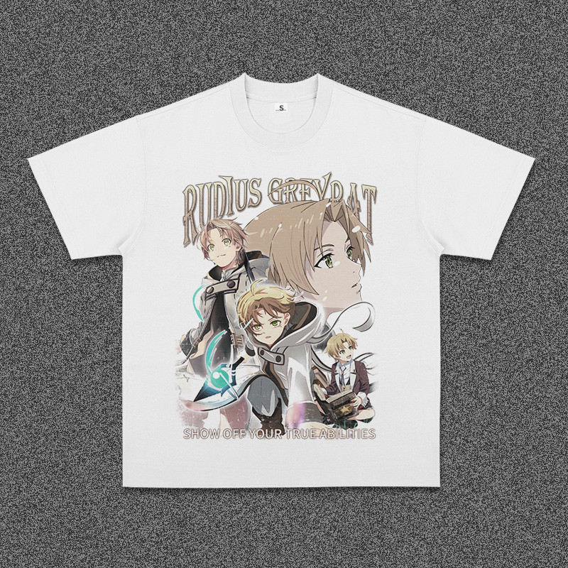 (จัดส่งภายใน 24 ชั่วโมง) เสื้อยืดสีขาว ดีไซน์ตัวละคร Rudeus Greyrat จาก *Mushoku Tensei*