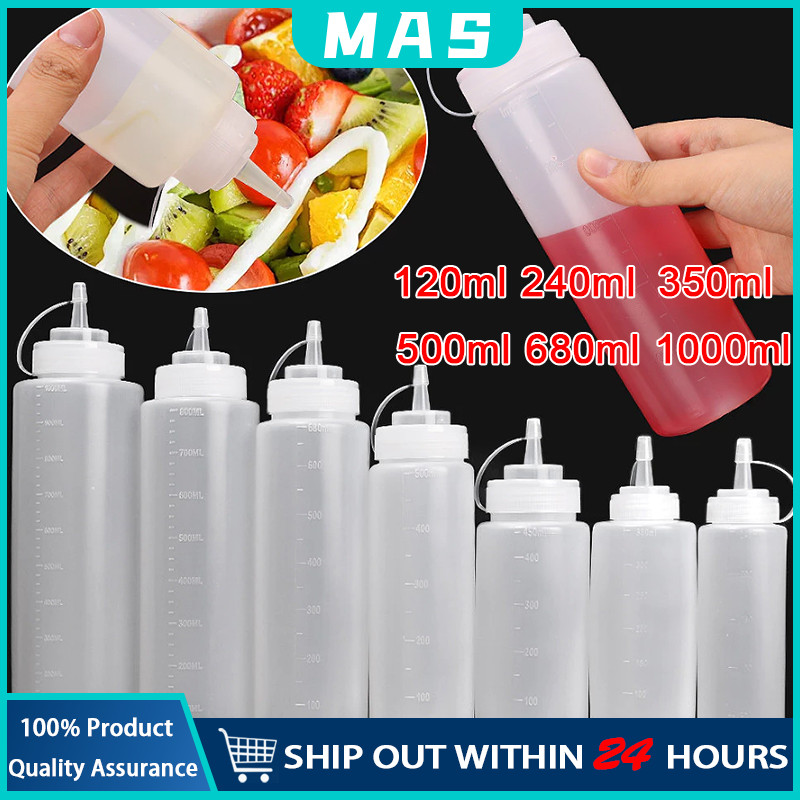 MAS ขวดซอสบีบขนาด ขวดบีบซอส ขวดใส่มายองเนส มีฝาปิด กันฝุ่น กันรั่ว สเกลใส ขวดปรุงรสพลาสติก กระปุกบีบปากแหลมพลาสติก
