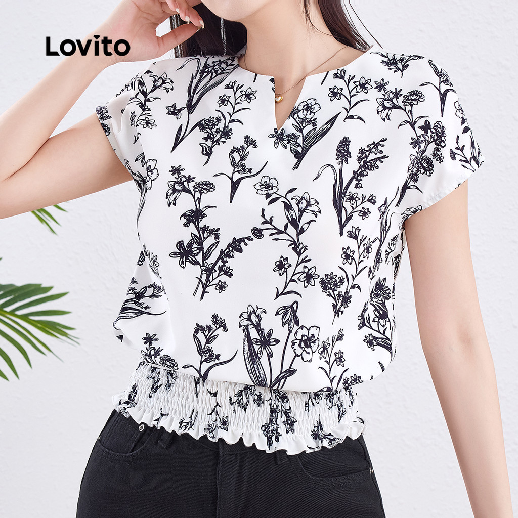 Lovito เสื้อลูกไม้ดีไซน์เรียบหรู พิมพ์ลายโซลเมด สไตล์เก๋และสบายสำหรับผู้หญิงในช่วงฤดูใบไม้ผลิ/ร้อน L138AD1058