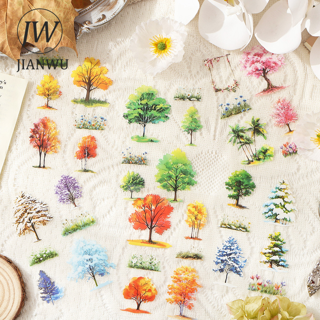 JIANWU Four Seasons Mountain Stream Series Vintage Tree ภูมิทัศน์วัสดุ Collage PET สติกเกอร์ Creative DIY Journal เครื่องเขียน