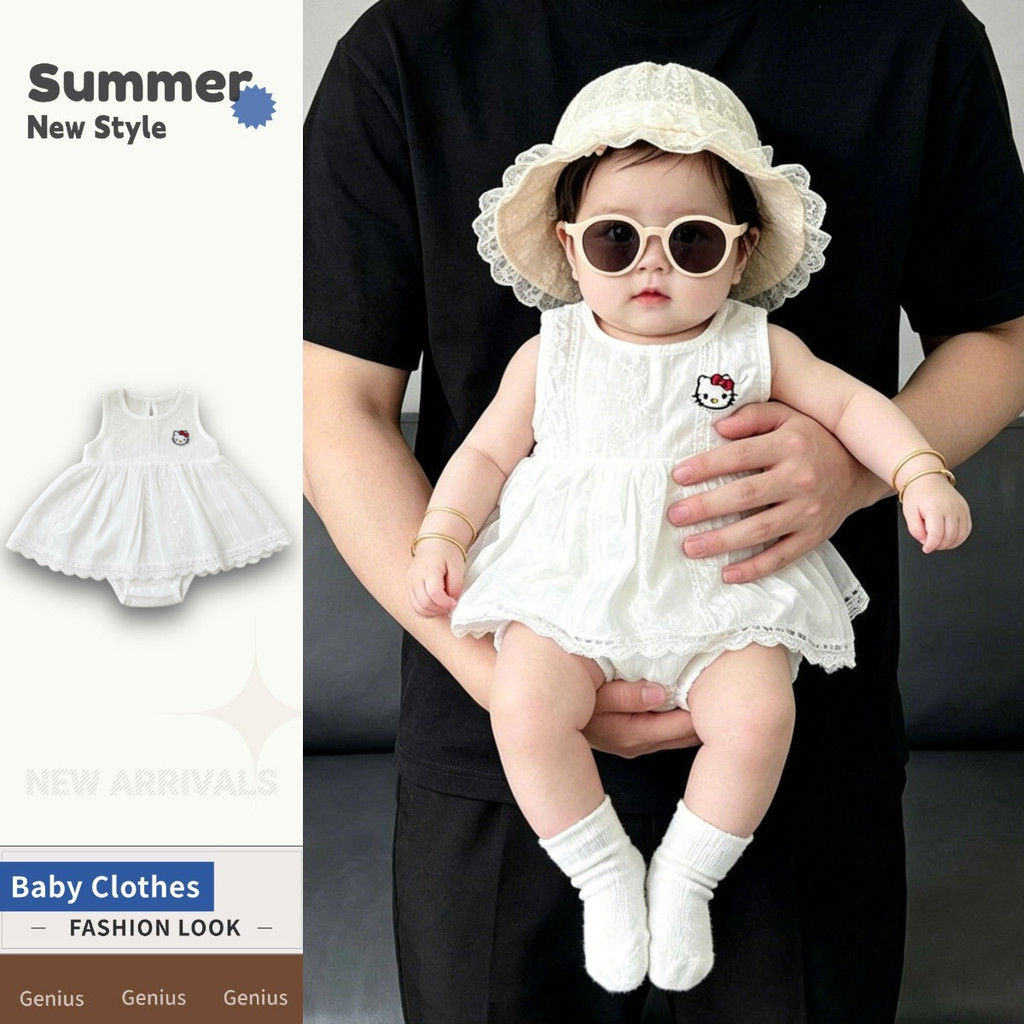 แขนกุดลูกไม้ ชุดจั๊มสูท ฤดูร้อนใหม่0-28เดือนระบายอากาศสบายสาวเสื้อผ้าเด็กที่เรียบง่ายคิตตี้สุดน่ารักสไตล์เกาหลี ชุดรอมเปอร์