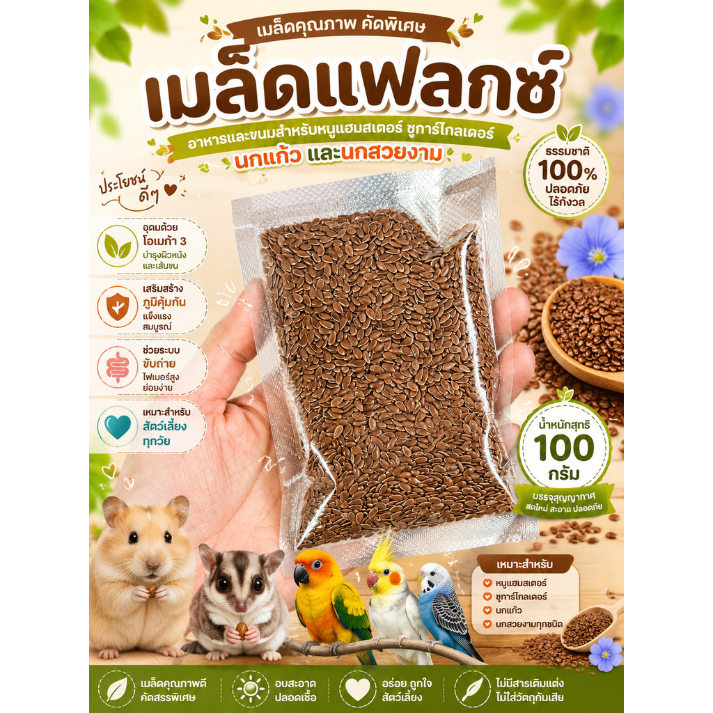 Hambit. เมล็ดแฟลกซ์ 100g เมล็ดคุณภาพคัดพิเศษ อาหารและขนมสำหรับหนูแฮมสเตอร์ ชูการ์ไกลเดอร์ นกแก้ว นกสวยงาม