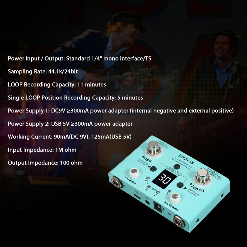 ประสิทธิภาพสูง M-VAVE กีตาร์เหยียบกลอง Looper Effector 30 กลอง 11 นาที Looper Recoding Time ความแม่น