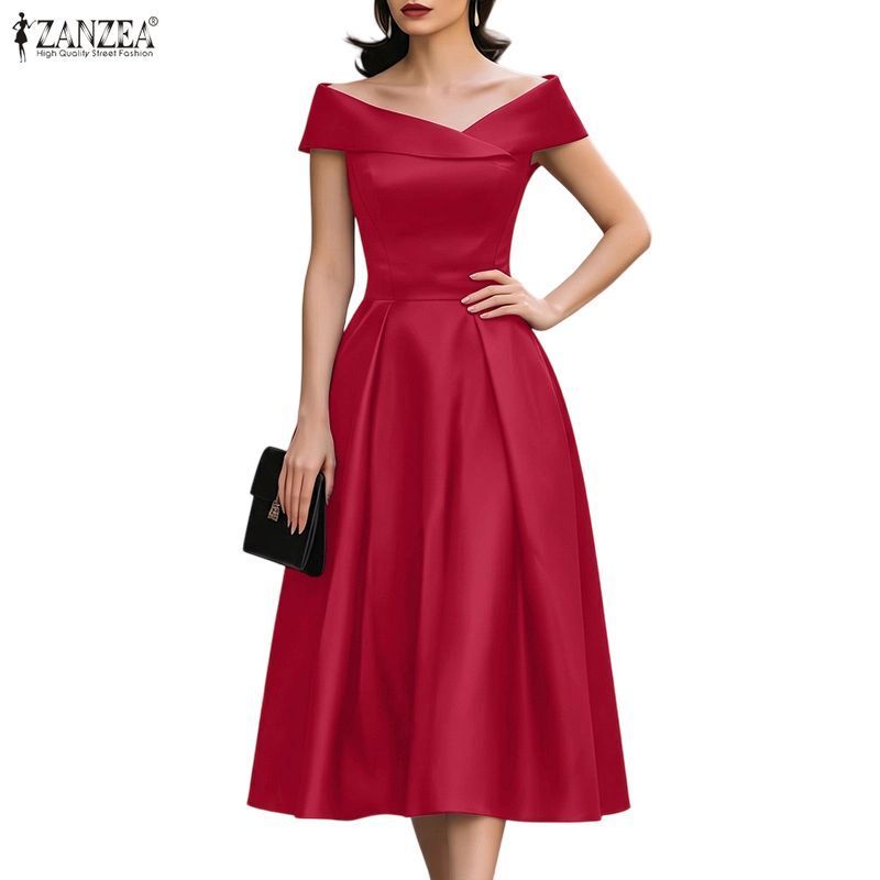 ZANZEA ใส่ ซานเซีย ผู้หญิงวินเทจชุดราตรีพรรคหนึ่งไหล่เอวสูงหรูหราซาติน ก-เส้น ชุด — صورة 6